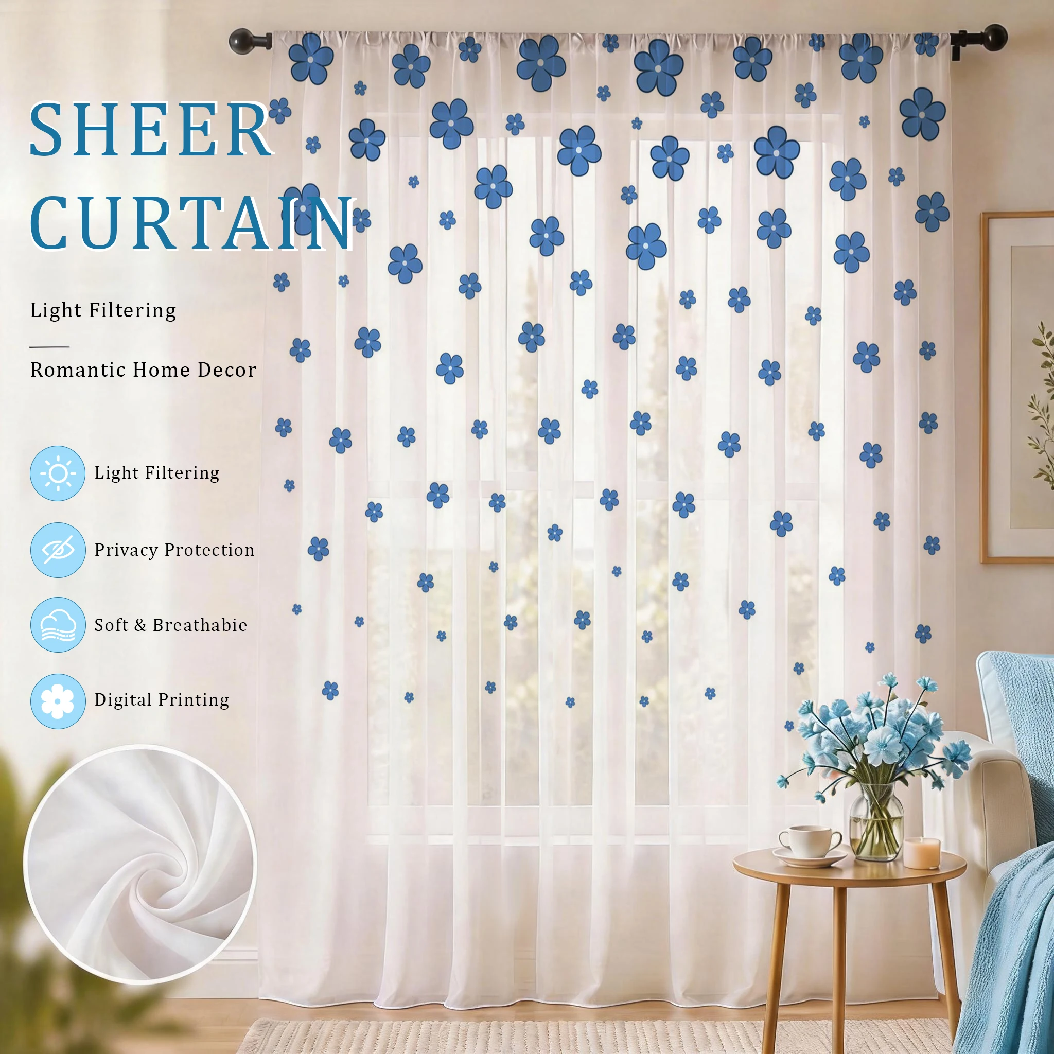 Curtain Sheer Voile - Light blue Modern Gradient Sheer Curtain,