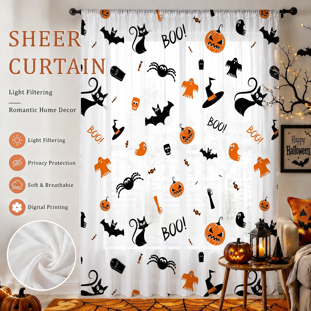 Curtain Sheer Voile - Halloween Festival Sheer Curtain, Good Quality