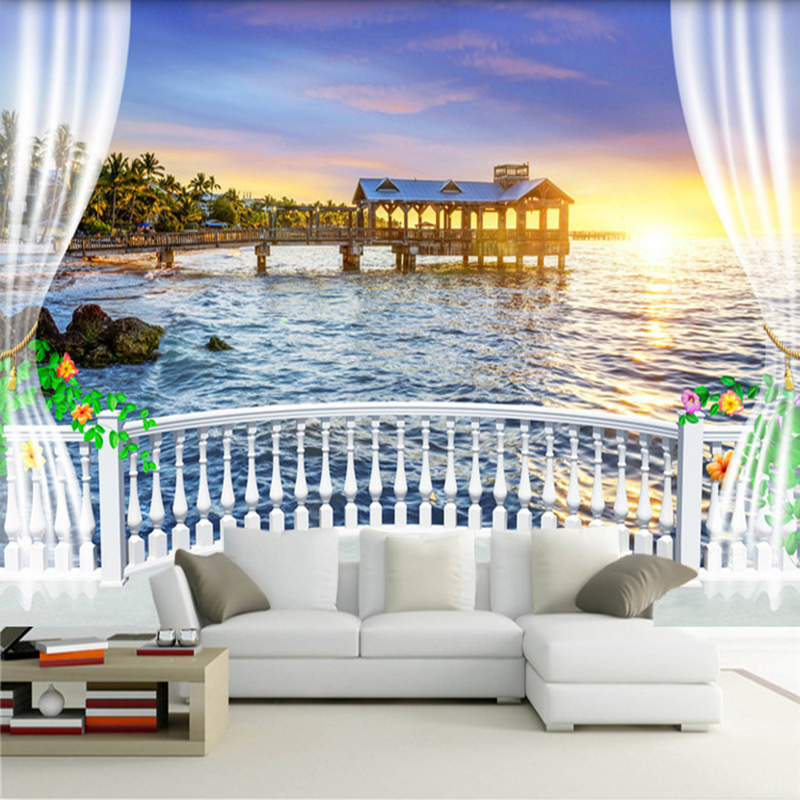 Custom Photo Wallpaper 3D Balc - Sunrise Home Textiles & Apparel ulasan dan harga