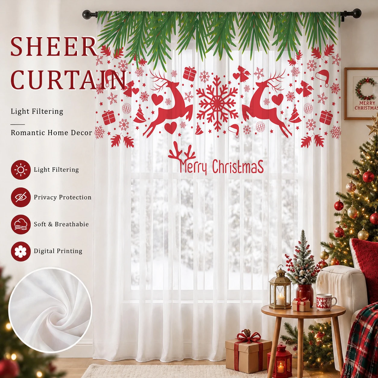 Christmas Gradient Sheer Curta - Curtain Sheer Voile ulasan dan harga