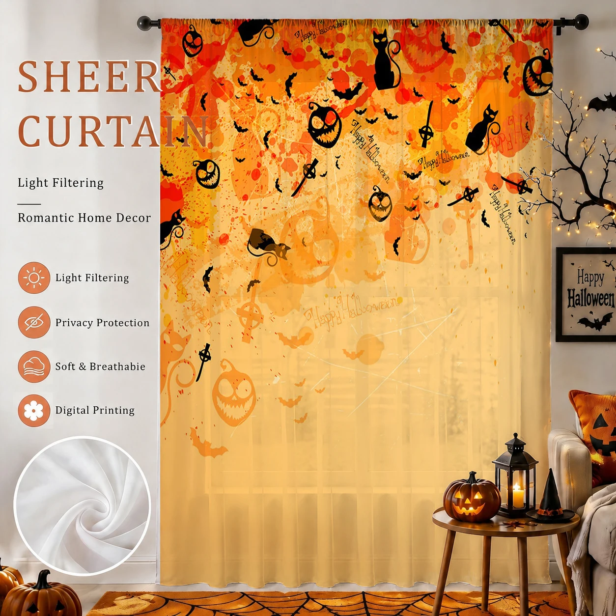 1Pc Spooky Halloween Sheer Cur - Curtain Sheer Voile ulasan dan harga