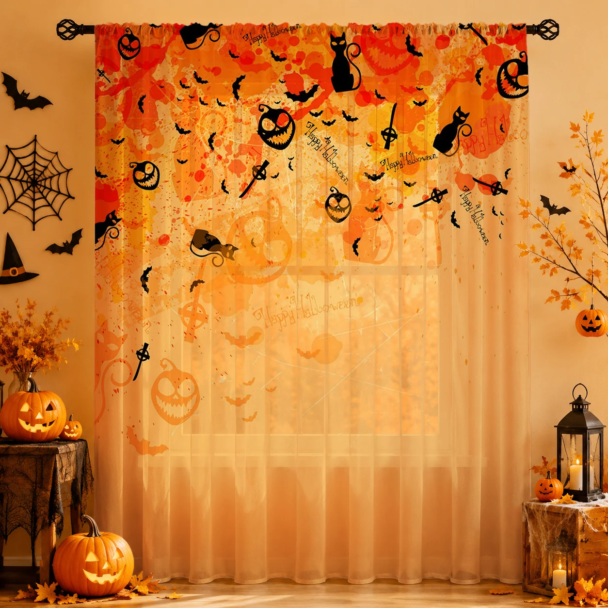 1Pc Spooky Halloween Sheer Cur - Curtain Sheer Voile ulasan dan harga